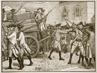 Joukot saattamassa leimattua paperia kaupungintalolle, New York, 1766, kuva Cassells Illustrated History of Englandista (seepiakuva)
