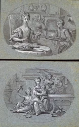 Kaksi kotimaista kohtausta, n. 1725 (mustavalkoinen liitu sinisellä paperilla)