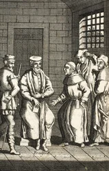 Kaksi espanjalaista veljeä keskustelemassa herra Bradfordin kanssa, kuvitus teoksesta Foxes Martyrs n. 1703 99:Foxes Book of martyrs; John Fox; c17th; Ketut;