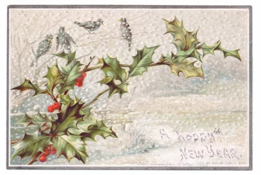Viktoriaaninen uudenvuodenkortti lintuja oksilla lumisateessa, n. 1880 (väri litho)