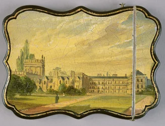 Viktoriaaninen korttikotelo, jossa on kohtaus Trinity College Gardensista, Oxfordista (paperimassa)