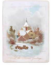 Viktoriaaninen onnittelukortti lampaista, jotka vaeltavat lähellä kirkkoa lumessa, n. 1880 (väri litho)