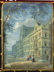 Viktoriaaninen ompelukaappipaneeli, jota koristaa kohtaus Exeter Collegesta, Oxfordista (papier mache)