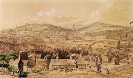 Näkymä Industrial Sheffieldistä kaakosta, William Ibbit, 1854