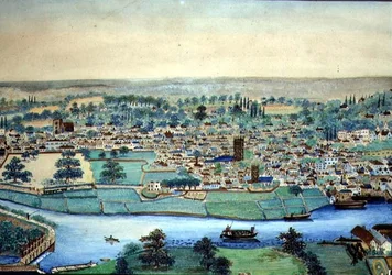 Näkymä kaupunkiin ja joelle, n. 1830 (akvarelli paperille)