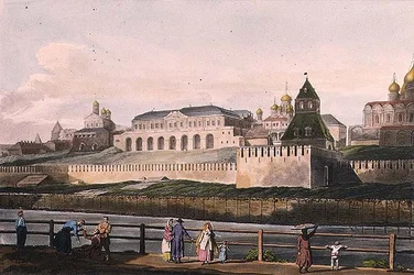 Näkymä Kremlin keisarilliseen palatsiin Moskovassa, levy 7 Moskovan historiallisesta luonnoksesta, pub. kirjoittanut Rudolph Ackermann (1764-1834) 1813 (akvatinta)