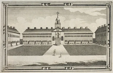 Näkymä Ironmongers Companyn Almshouses, Kingsland Road, Hackney, n. 1820