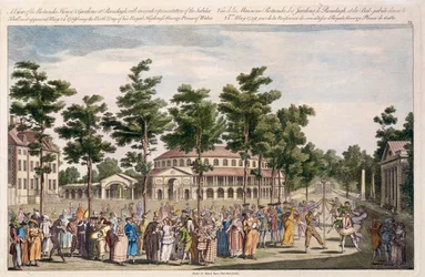 Näkymä Jubilee Ballille, Ranelagh Gardens, Walesin prinssin Georgen syntymäpäivän kunniaksi 24. toukokuuta 1759 (käsinvärinen kaiverrus)