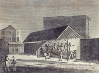 Näkymä vankien työllistämiseen tarkoitetusta Tread Millista, joka on pystytetty House of Correction at Brixton, julkaisija Gent. Mag., heinäkuu 1822