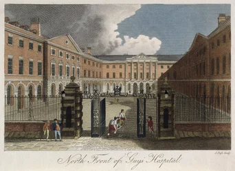 Näkymä Guys Hospitalin pohjoisrintamasta Southwarkissa, jossa mies venytetään etuporttien läpi, n. 1800