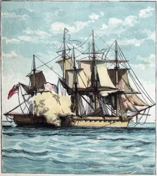 Vuoden 1812 sota Yhdysvaltojen ja Ison-Britannian välillä: Chesapeaken fregatti meritaistelun aikana brittiläistä fregattia "" Shannon" vastaan 1.6.1813 Bostonin edustalla. "Chesapeake ja Shannon"