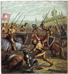 Kahden ruusun sota (1455-1485); Tewkesburyn taistelu (4. toukokuuta 1471). Kuva Englannin sisällissodasta, joka syntyi kuningas Edward III:n (1327-1377) seuraajien jakamisesta kahteen haaraan. Tewkesburyn taistelu: viimeinen taistelu Ruusun sodassa
