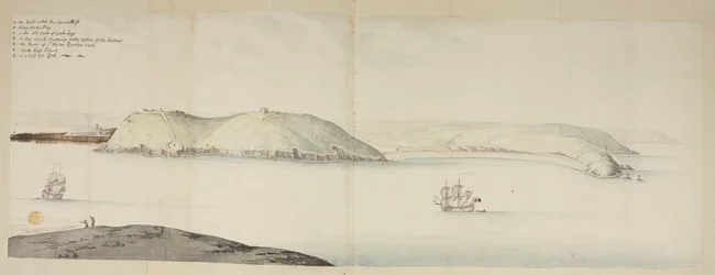 Cork Harbourin läntinen sisäänkäynti Kiddsistä tai Cow and Calfista Cross Beg Islandille; Cork Harbourin läntinen sisäänkäynti, jossa näkyy Halbowlin Island, Spike Island ja Cross Haven, n. 1684 (kynä, muste ja akvarelli paperille)