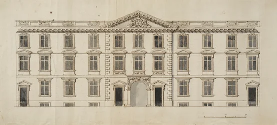 New Collegen Garden Quadranglen ehdotetun uuden rakennuksen länsirintama, n. 1680 (muste ja harmaa pesu paperilla)