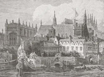 Westminster Hall nähtynä Thamesista Kaarle I:n hallituskaudella, n. 1625-1649