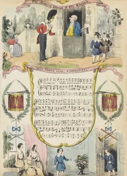 Kuka tulee tänne; Grenadieri, n. 1850 (värillinen akvatinta)