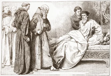 Wycliffe ja munkit: kohtaus sänkykammiossa, kuvitus James Aitken Wylien (1808-1890) Protestantismin historiasta, pubi. 1878