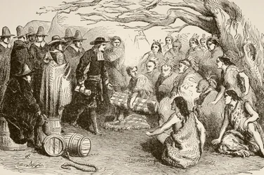 William Penn tekee sopimuksen Delawaren tai Lenapen intiaanien kanssa vuonna 1682 (litho)