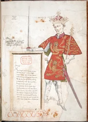 William Valloittaja, Englannin kuningas haarniskassa ja takissa, esittelee laatan säkeineen (vellum)