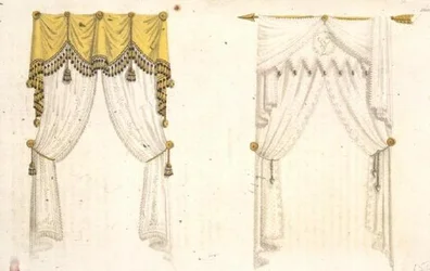 Ikkunaverhot, levy 20 Ackermannin taidekirjastosta, julkaistu 1809-28 (värilitografia).