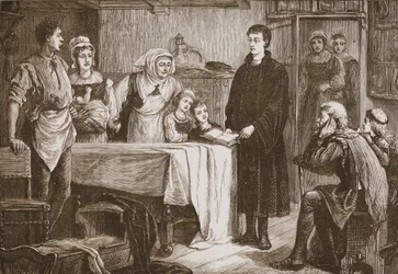 Nuori Calvin selittää Raamattua perheelle Bourgesissa, esimerkki James Aitken Wylien (1808-1890) teoksesta The History of Protestantism, pub. 1878