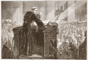 Zwingle saarnaa Zürichin katedraalissa, kuvitus James Aitken Wylien (1808-1890) teoksesta The History of Protestantism, pub. 1878