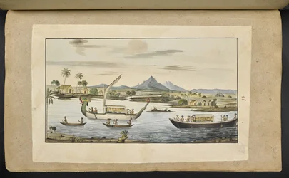 f.75 (levy 86) Jokikohtaus Jaavalla veneillä, mukaan lukien lohikäärmepäinen vene