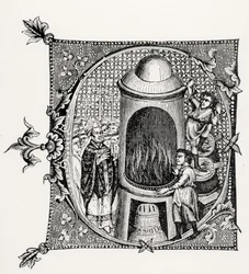 Historioitu C alkukirjain William Durandin Divinorum Officiorum -kirjasta, kuvitus tieteestä ja kirjallisuudesta keskiajalla ja renessanssilla, kirjoittanut ja kaivertanut Paul Lacroix, 1878 (
