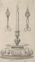 Suunnittelu kynttilänjalalle kynttilänsydänleikkureilla, 1560-70.