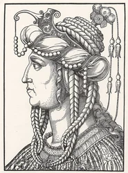 ""Sultana Roxelanen (Russelazie (ruteenilainen)) tai Hurremin (s. Anastasia Lisovska, noin 1500-1558) muotokuva sulttaani Suleiman Suuren vaimon"" Erhard Schoenin (1491-1592) puupiirros noin 152 Gothagliches Museum