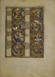 Koko sivu: kahdeksan medaljonkia, jotka ympäröivät miniatyyrejä ja joihin liittyy tekstiä, noin 1225-1250 (temperamaalaus).
