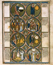 Koko sivu: kahdeksan medaljonkia ja niihin liittyvä teksti: 1225-1250 (temperamaalaus).
