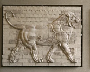 Leijona, värillisiä lasitettuja laattoja, itäpihalta, palatsi Susa, Iran. 6.-4. vuosisata eaa., Akhaemenidien kausi, ...