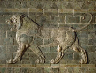 Leijona, värillisiä lasitettuja laattoja, Susa-palatsista, Iran ...