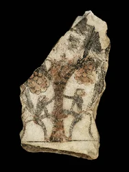Ostracon, jossa apinat poimivat taateleita palmusta ...