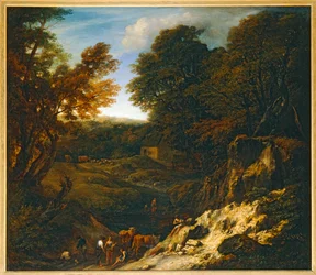 Maisema, jossa on paimen ja karja lammen rannalla - Paysage avec bergers et troupeaux au bord d