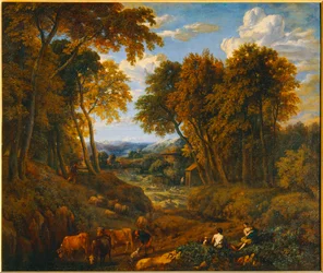 Paysage avec bergers et troupeaux dans un chemin forestier - Maisema, jossa on paimen ja karja polulla metsässä - ...