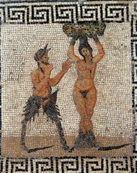 Satyyri ja nymfi. Mosaiikki Pompeijista, Italia