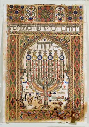 Shiviti, synagogan itäseinään kiinnitetty koristeellinen laatta, joka osoittaa rukouksen suunnan Jerusalemiin (vesiväri, lehtikulta ja kultajauhe).