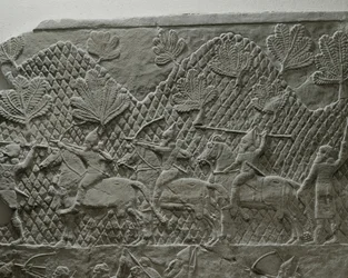 Assyrian kuningas Ashurbanipalin armeija taistelussa Elamia vastaan käydyn sotaretken aikana ...