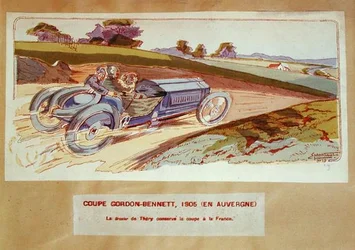 Richard-Brasier-auto, jota Leon Thery ajoi Gordon-Bennett-kilpailun aikana Auvergnessa vuonna 1905, n. 1910 (väri litho)