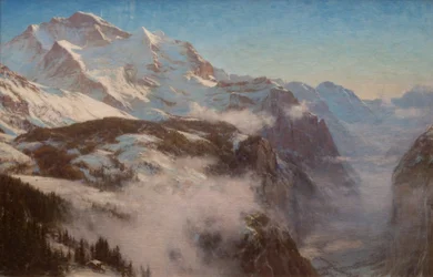 Talvi Lauterbrunnen-laaksossa, Sveitsissä (öljy kankaalle)
