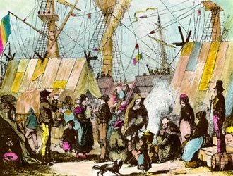 Maahanmuuttajien perheet leiriytyivät Le Havren satamaan. Ernest Chartonin kaiverrus (1813-1905) Kaiverrus 1800-luvun yksityiskokoelmasta
