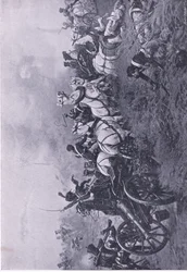 52. Oxfordshiren kevyen jalkaväkirykmentin ranskalaisen patterin valtaaminen Waterloossa 18. kesäkuuta 1815, kuvitus teoksesta British Battles on Land and Sea , 1915.