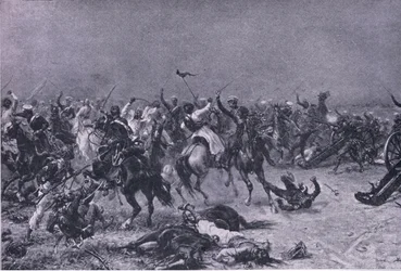 Kings Own Light Dragons -hyökkäys Mudkissa, kuvitus brittiläisistä taisteluista maalla ja merellä, 1915