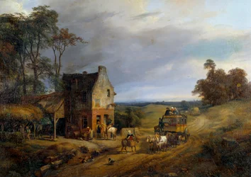 Pidätetty majatalon edessä. Ernest Delahayen (1855-1921) maalaus 1800-luvulta. Compiegne, National Castle Museum.