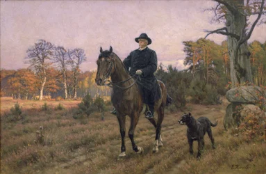 Bismarck hevosen selässä koiran kanssa (öljyprintti)