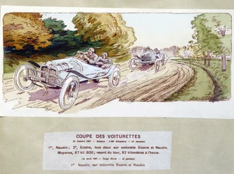 Autokilpailut: kärryjen leikkaaminen vuonna 1907 - piirustus Ernest Montaut (1878-1909).