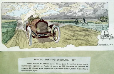 Autokilpailu: Moskova - Pietari, noin 1900 - Ernest Montautin (1878-1909) piirustus.