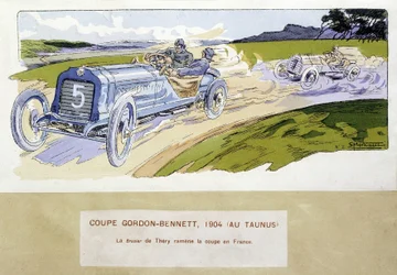 Kilpa-ajo: Gordon Bennett Cup (Gordon-Bennett) vuonna 1904 - piirustus Ernest Montaut (1878-1909).